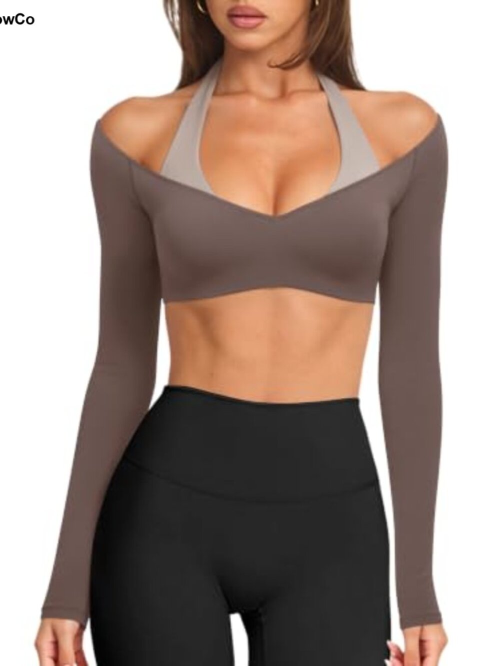 Womens Halter Crop Top Long Sleeve Workout Top Built in Bra